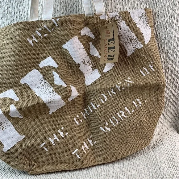Clarins Burlap Canvas Tote Bag 7 FEED The Children Of The World 15X18X6" Shopper - Picture 3 of 15